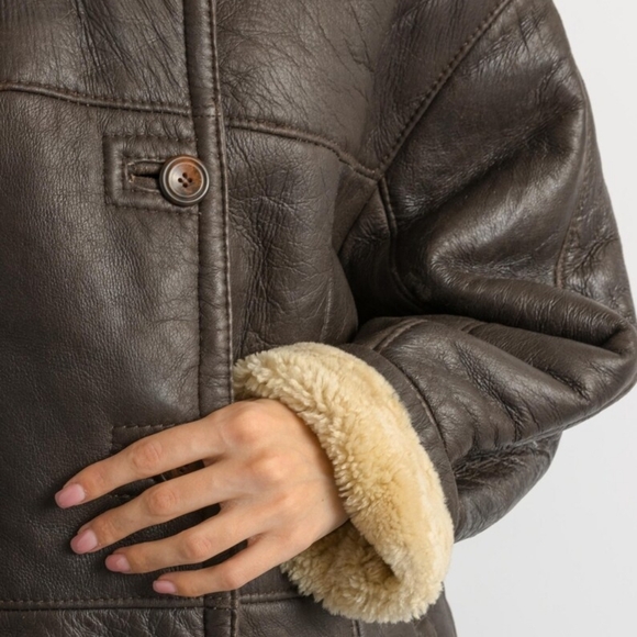 80s Western Sheepskin Coat, Size L Brown Shearling Coat Vintage Leather Jacket - Picture 12 of 16